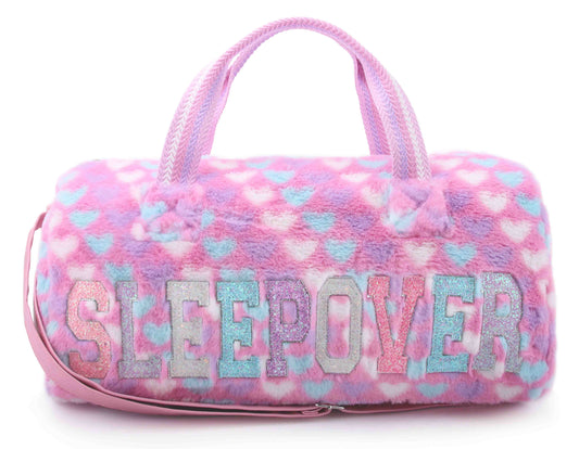'Sleepover' Heart Print Plush Large Duffle Bag