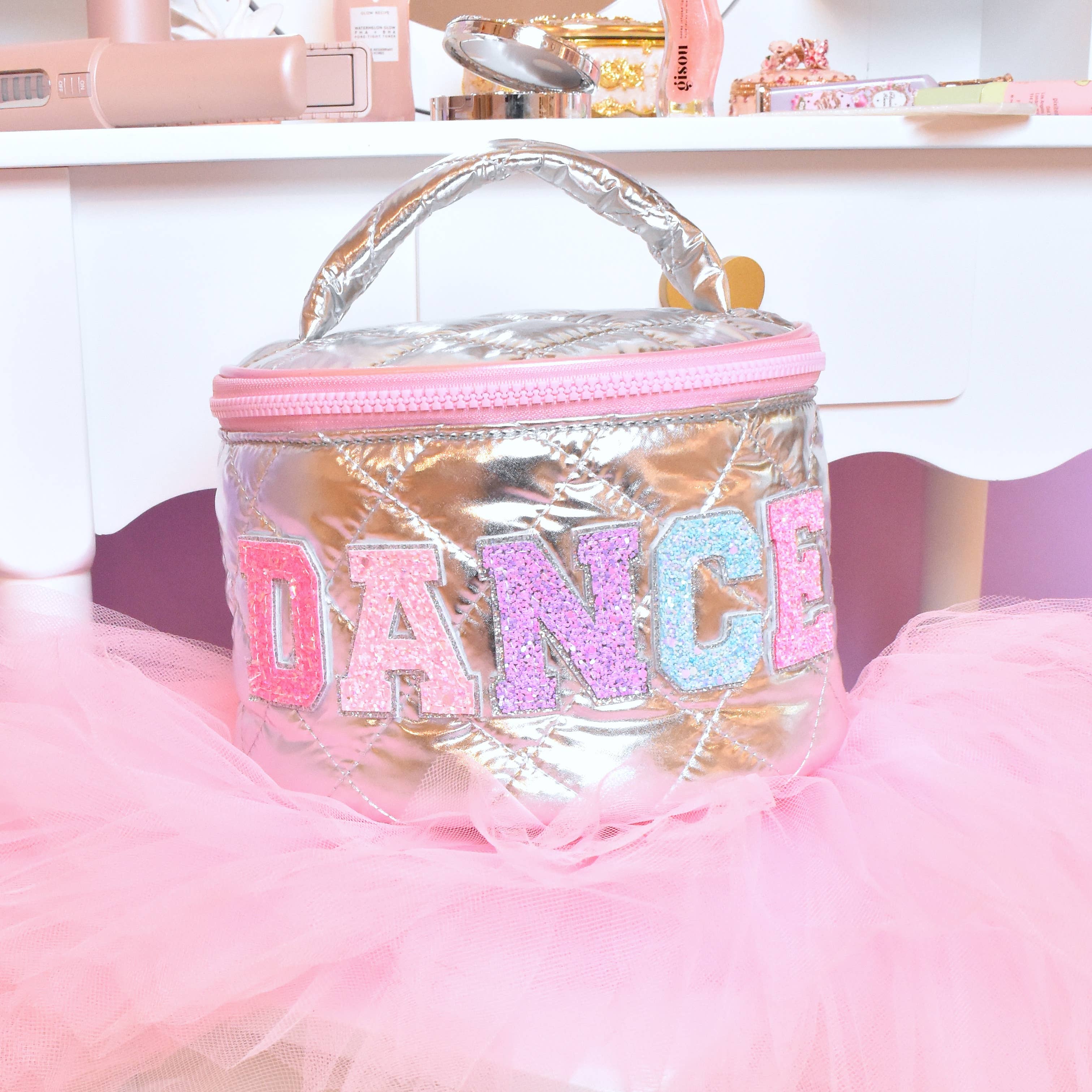 'DANCE' Metallic Round Quilted Glam Bag Silver