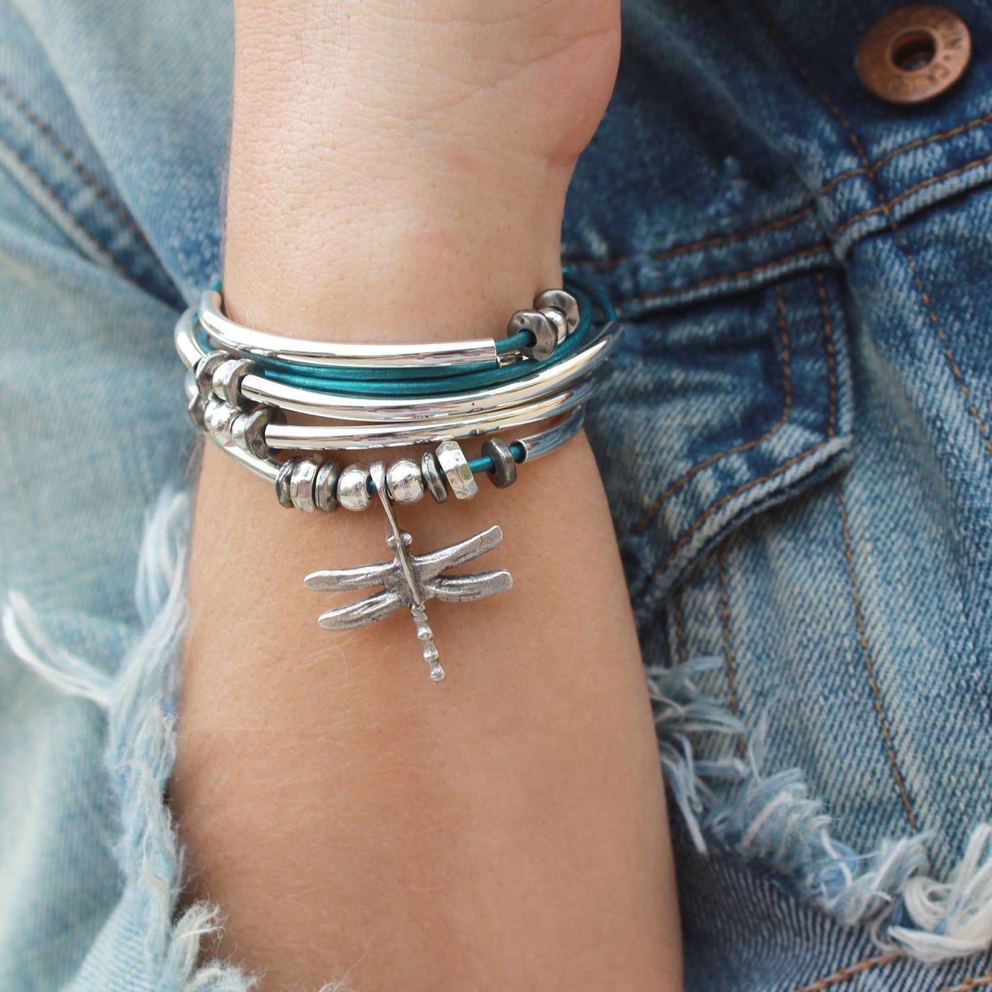 Women's Dragonfly Wrap Bracelet-Necklace - Metallic Teal - L
