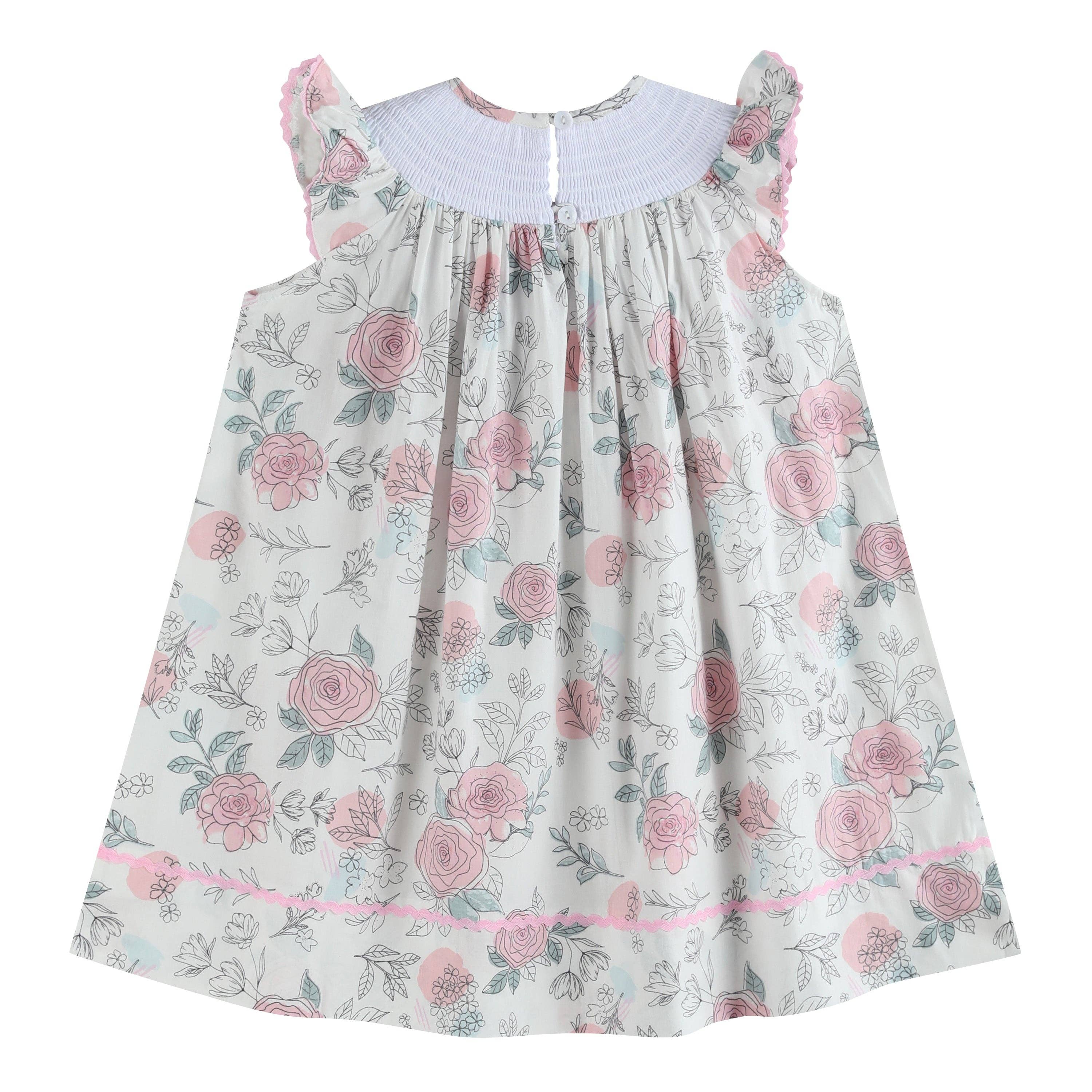 White and Pink Floral Smocked Bishop Dress