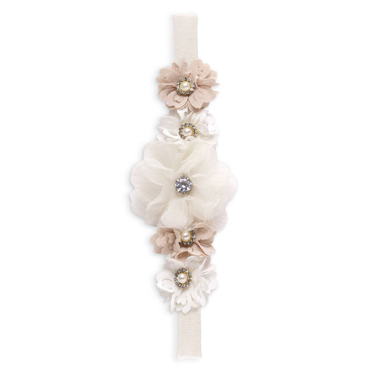 Girl's Headband with Faux Flowers  & Pearls: Ivory/Beige / 1S
