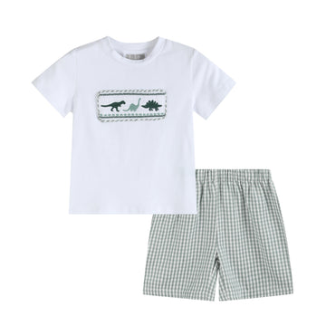Light Green Dinosaur Smocked Shirt and Shorts