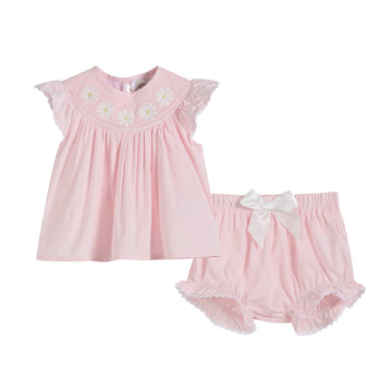 Light Pink Daisy Smocked Top and Bloomer 2 pc set: 18-24M