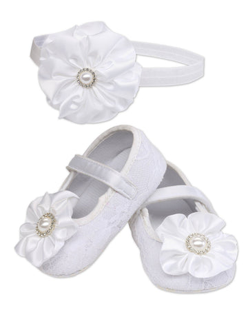 White Baptism Shoe And Headband Set: 2