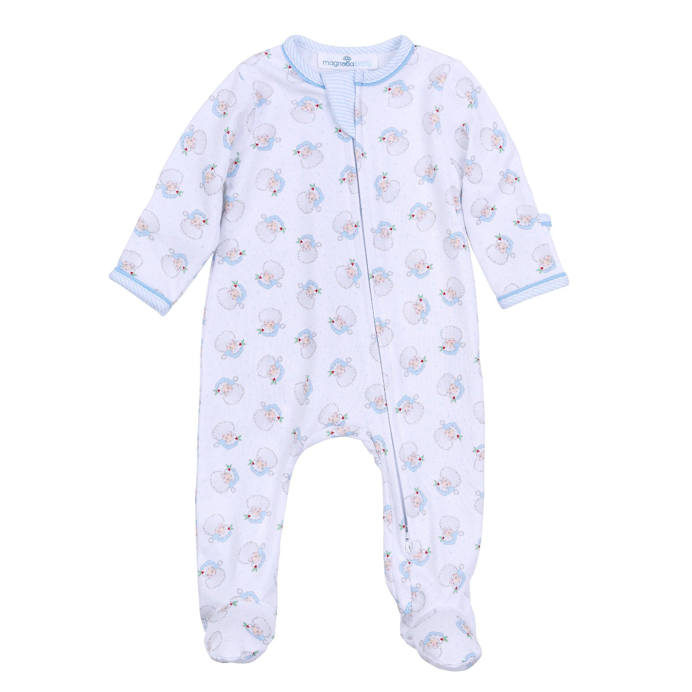 Santa Baby Print Zip Footie - Light Blue