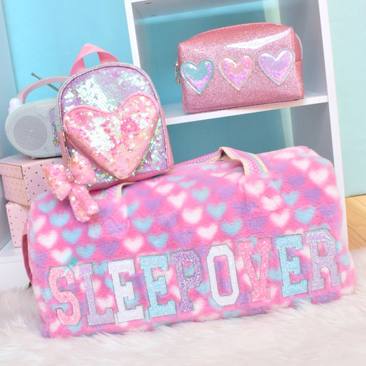 'Sleepover' Heart Print Plush Large Duffle Bag