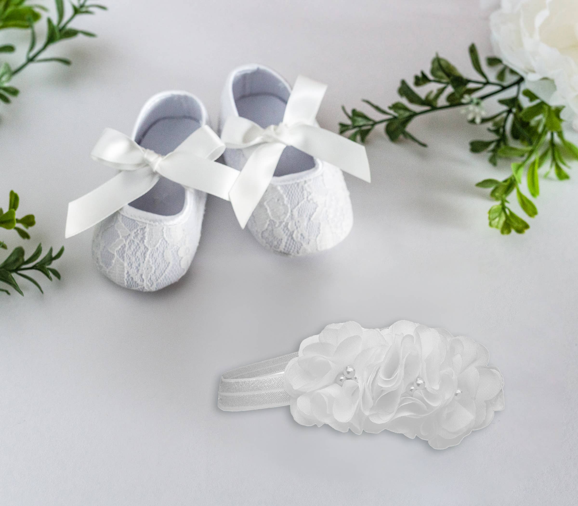 Ivory Lace Baptism Shoe And Headband Set for Baby Girls