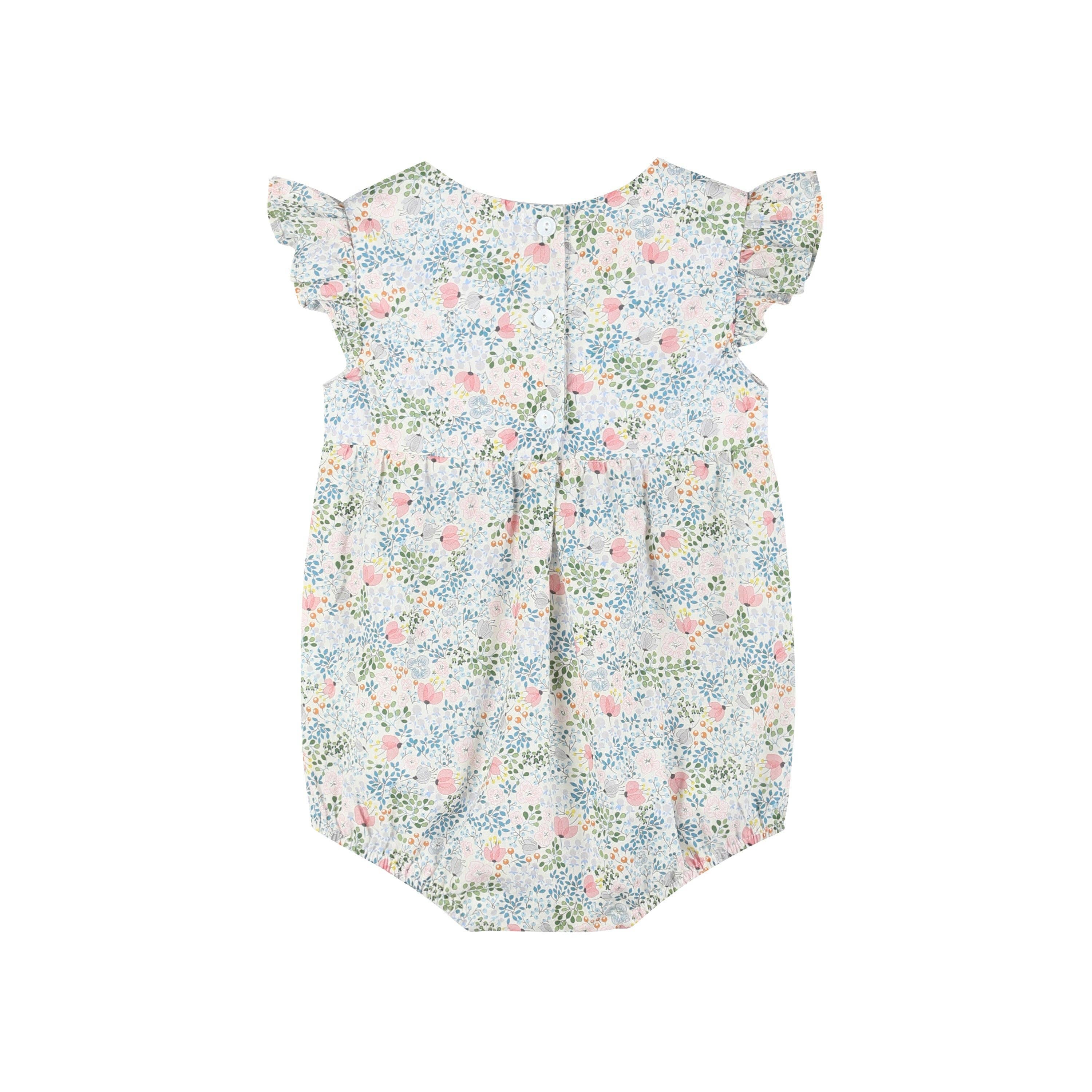 Pink Floral Print Smocked Futter Romper: 3-6M