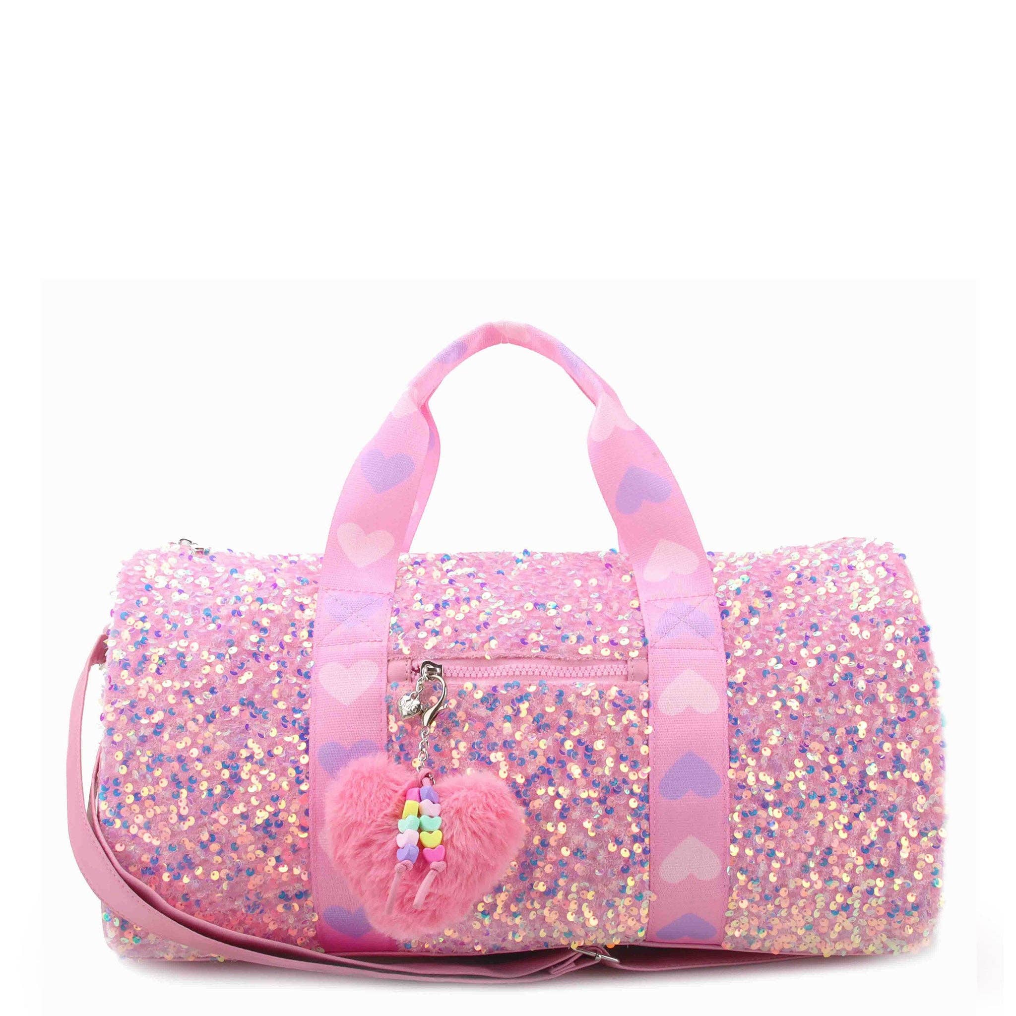 Sequin Large Barrel Duffle Bag with Heart Charm