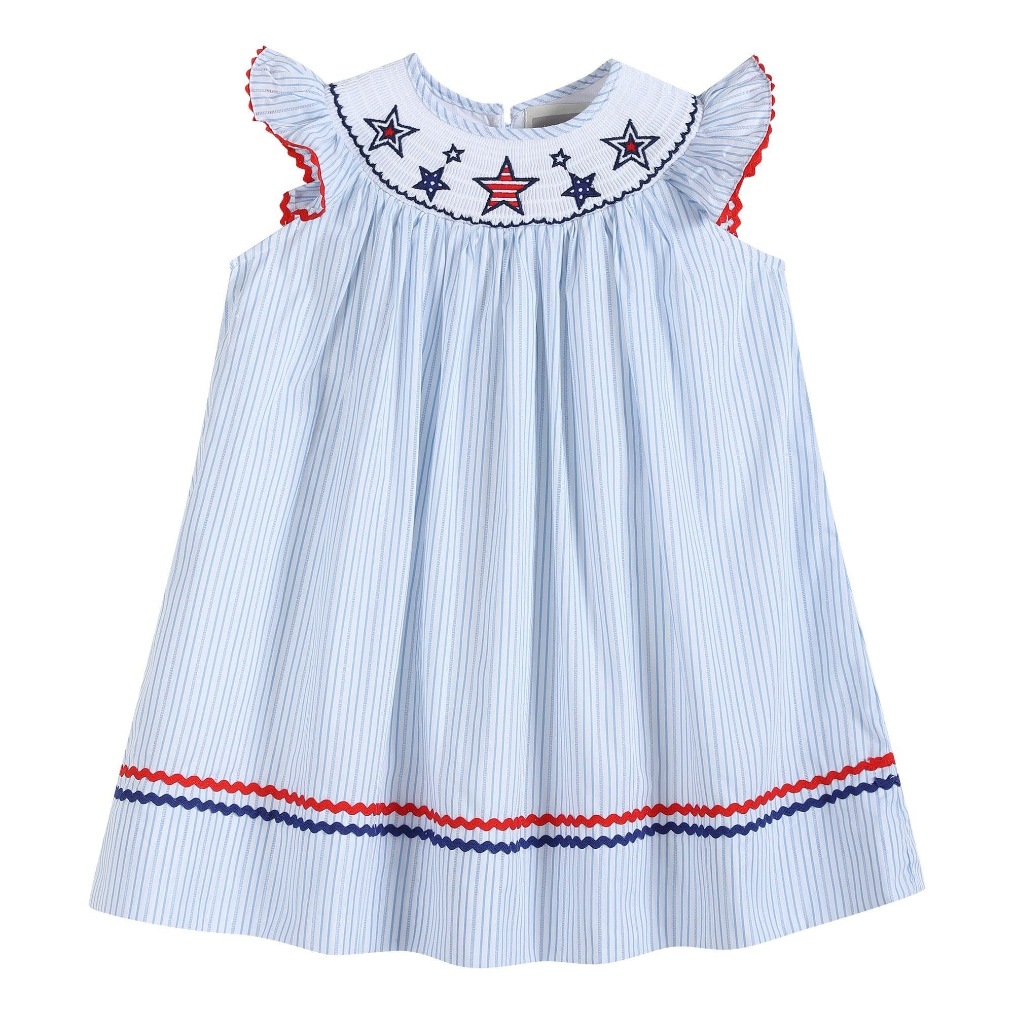 4th of July Blue Striped Americana Stars Smocked Bishop Dress