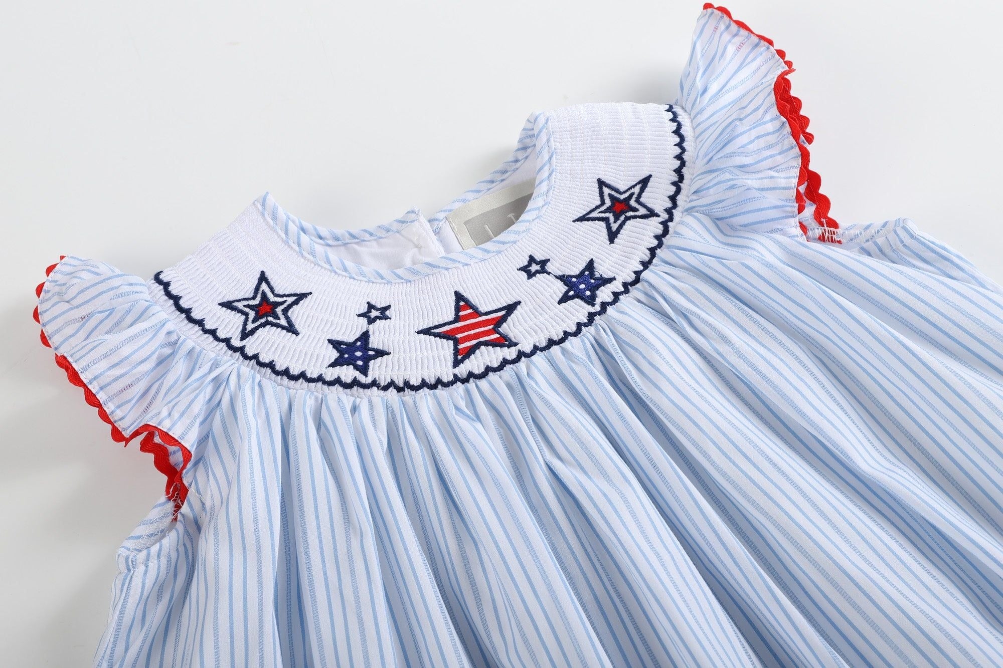 4th of July Blue Striped Americana Stars Smocked Bishop Dress