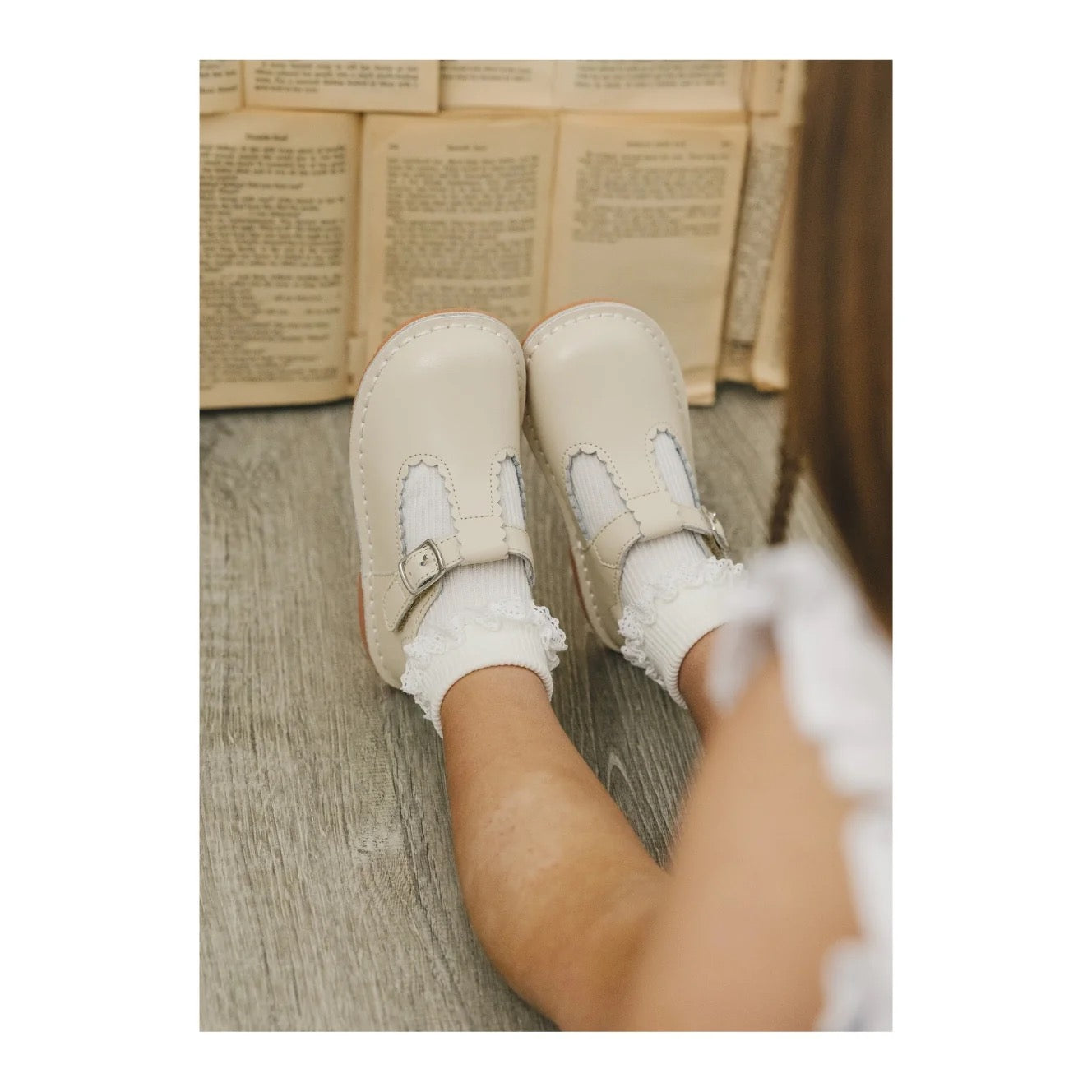 L'Amour Selina Scalloped T-Strap Mary Jane-Oatmeal