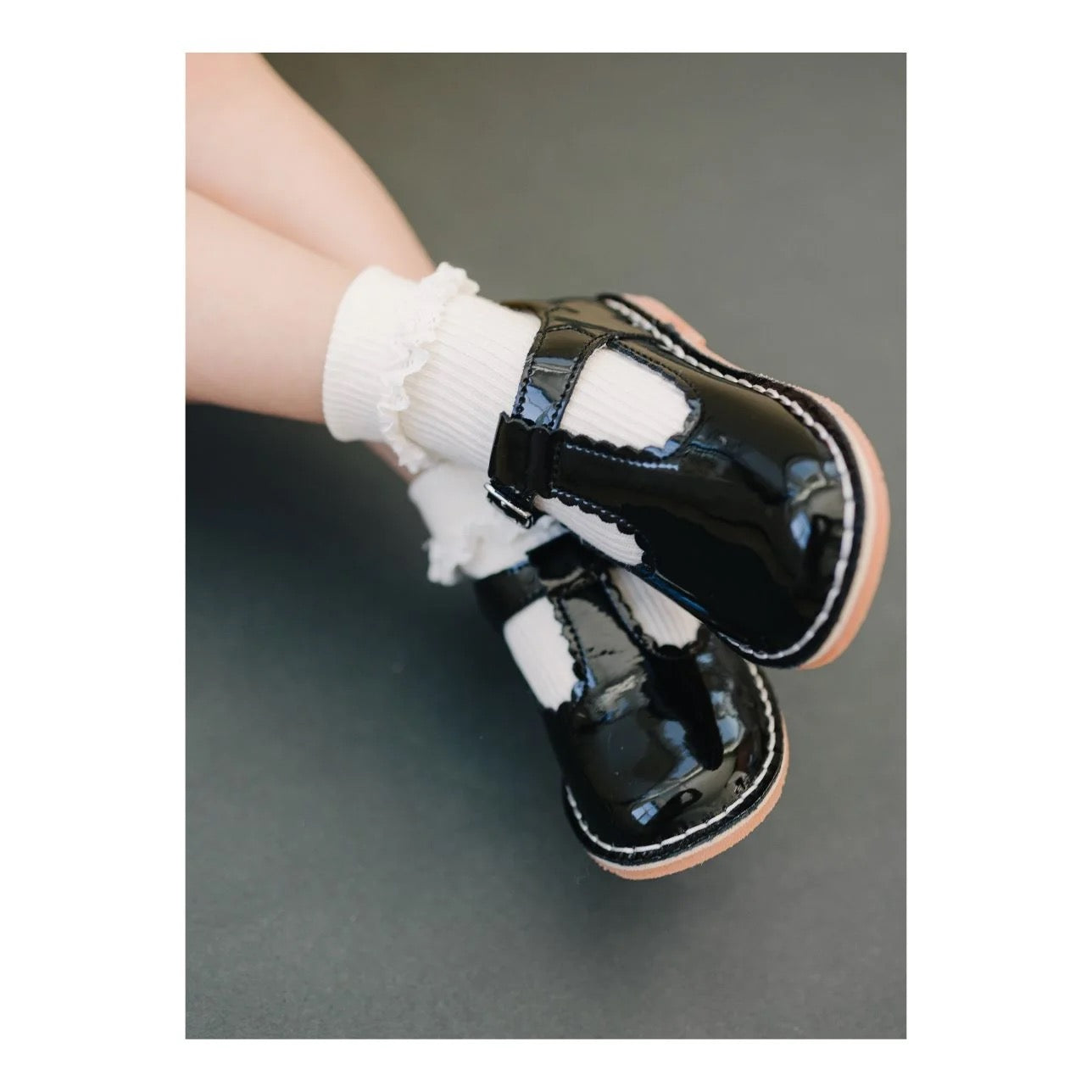 L'Amour Selina Scalloped T-Strap Mary Jane-Patent Black