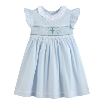 Blue Ruffled Crosses Smocked Dress