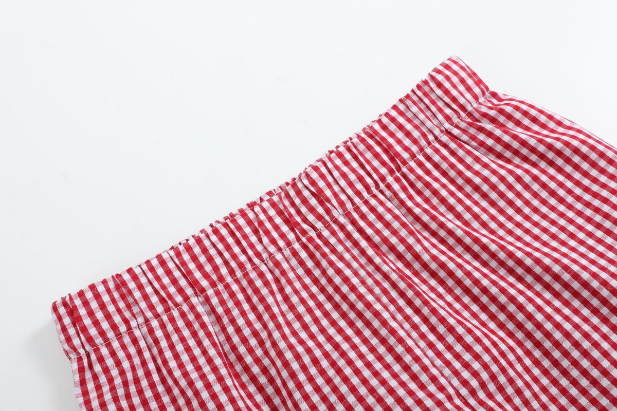 Baseball Smocked Shirt and Red Gingham Shorts Set