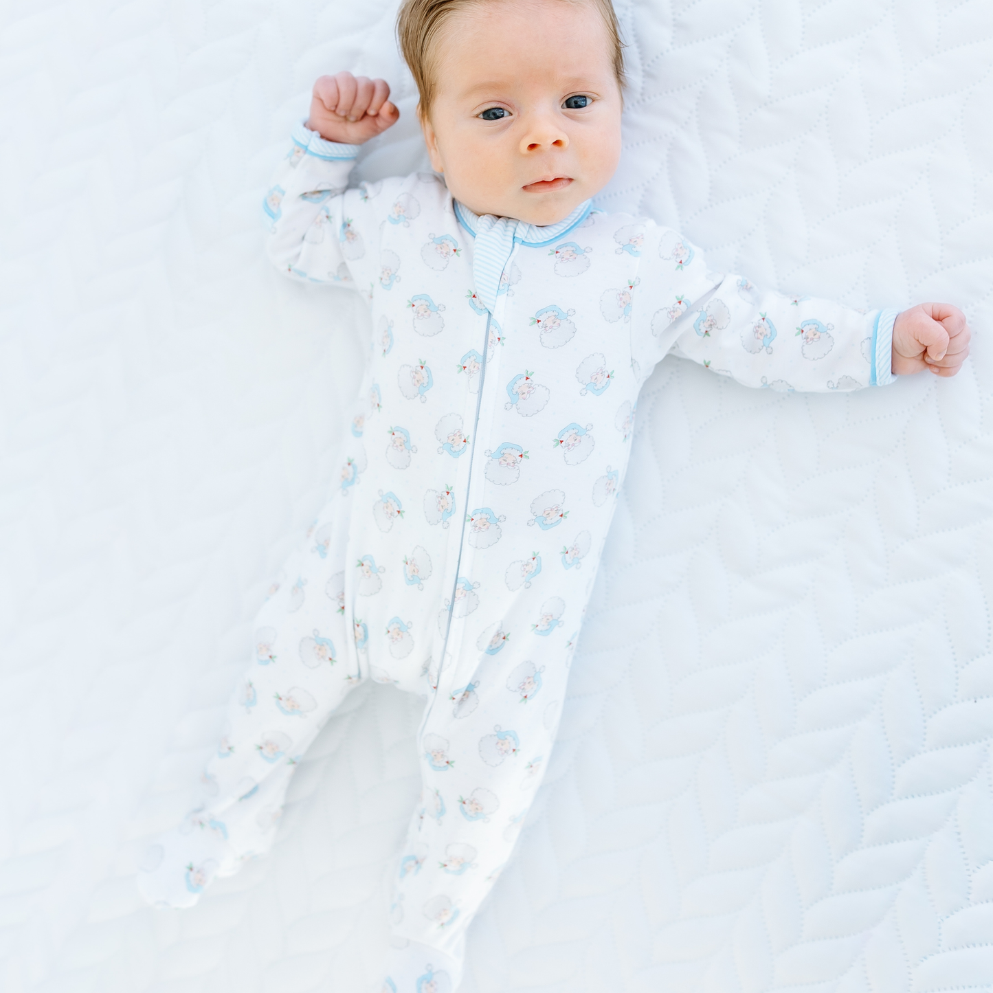 Santa Baby Print Zip Footie - Light Blue