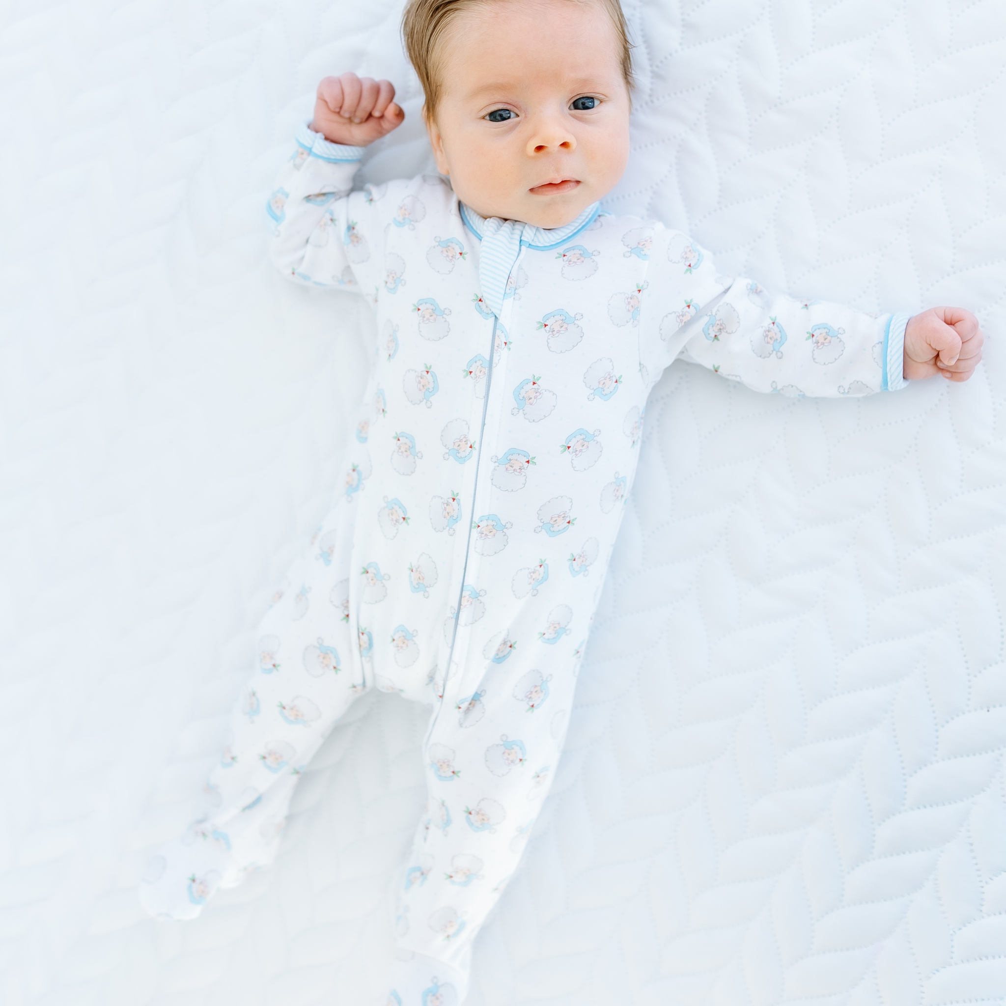 Santa Baby Print Zip Footie - Light Blue
