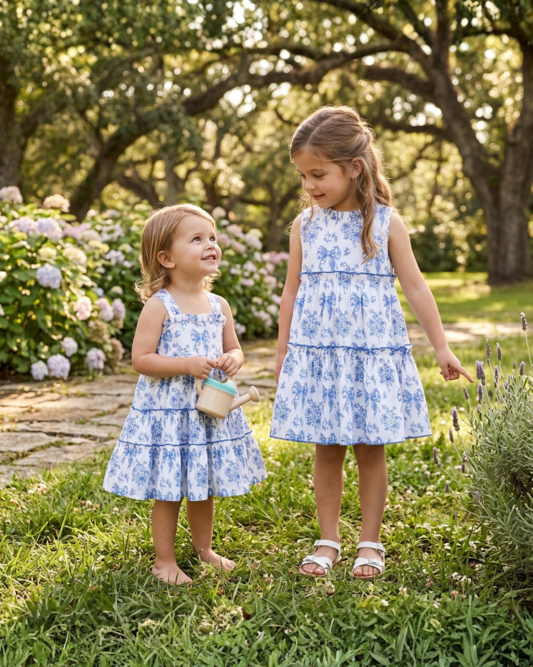 Blue and White Print Layered Ruffle Dress