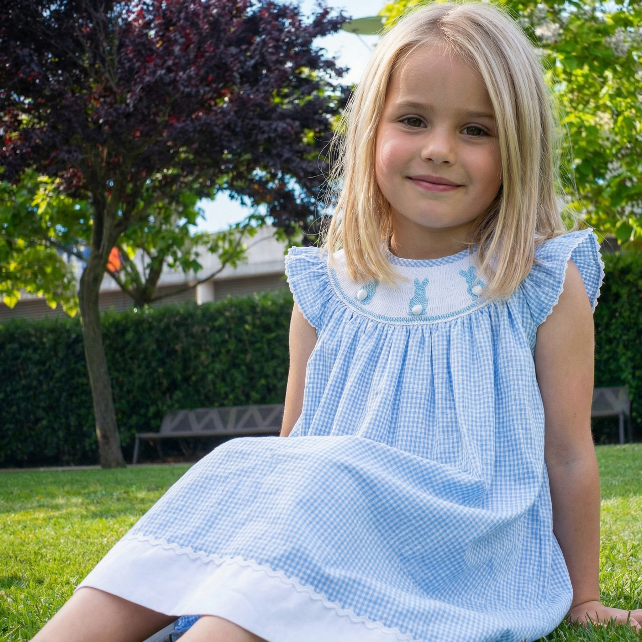 Blue Gingham Bunny Smocked Bishop Dress