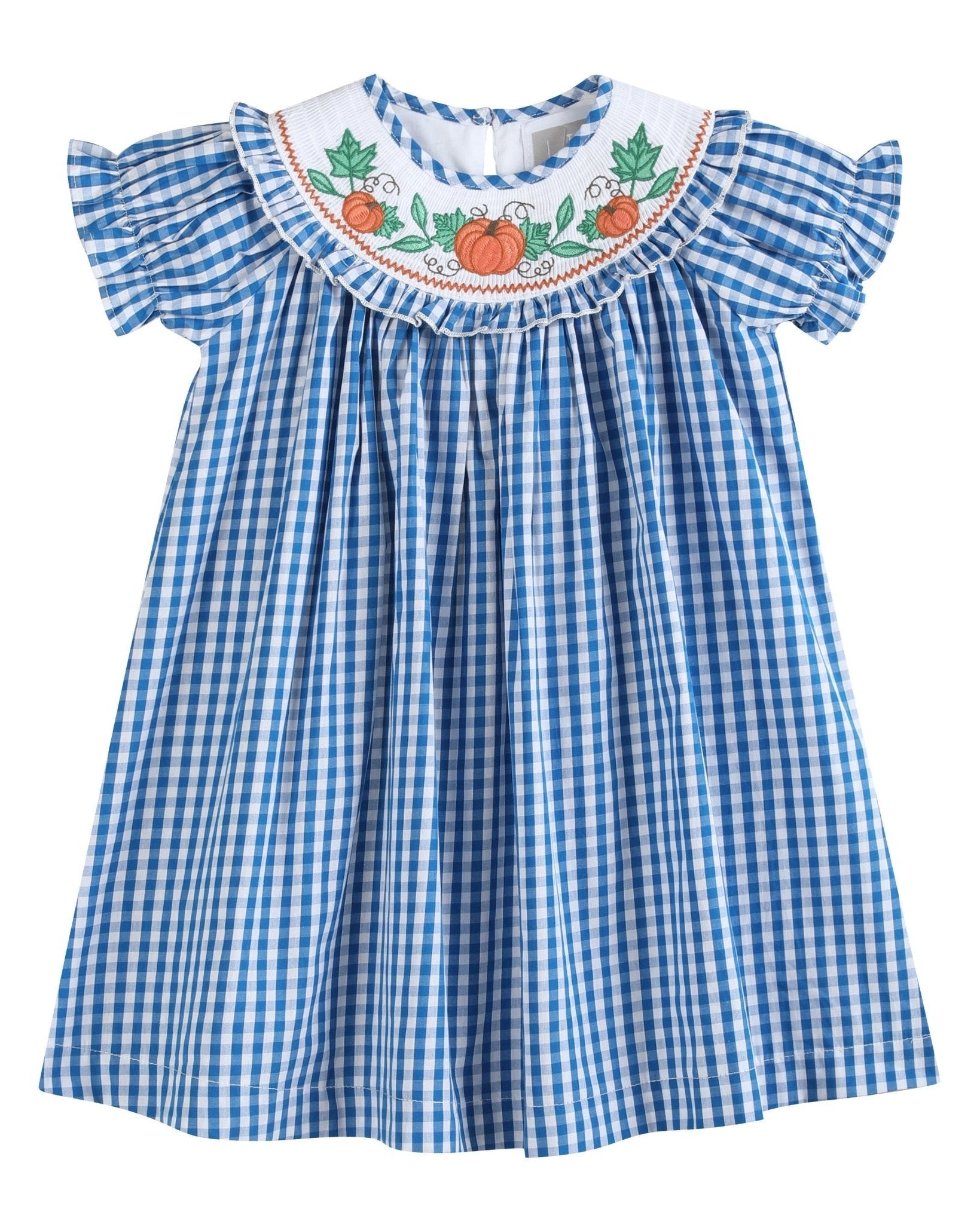 Blue Gingham Pumpkin Smocked Ruffle Bishop Dress