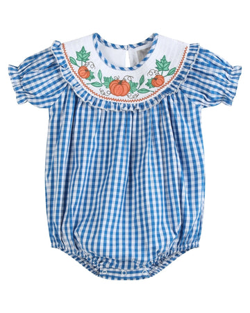 Blue Gingham Pumpkin Smocked Ruffle Romper