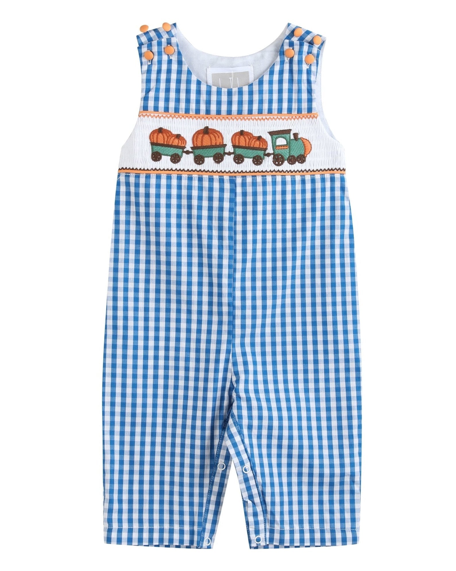 Blue Gingham Pumpkin Train Smocked Longalls