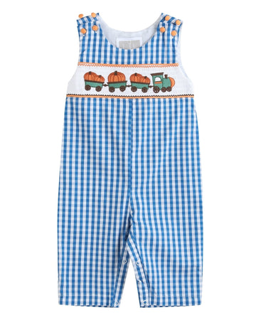 Blue Gingham Pumpkin Train Smocked Longalls
