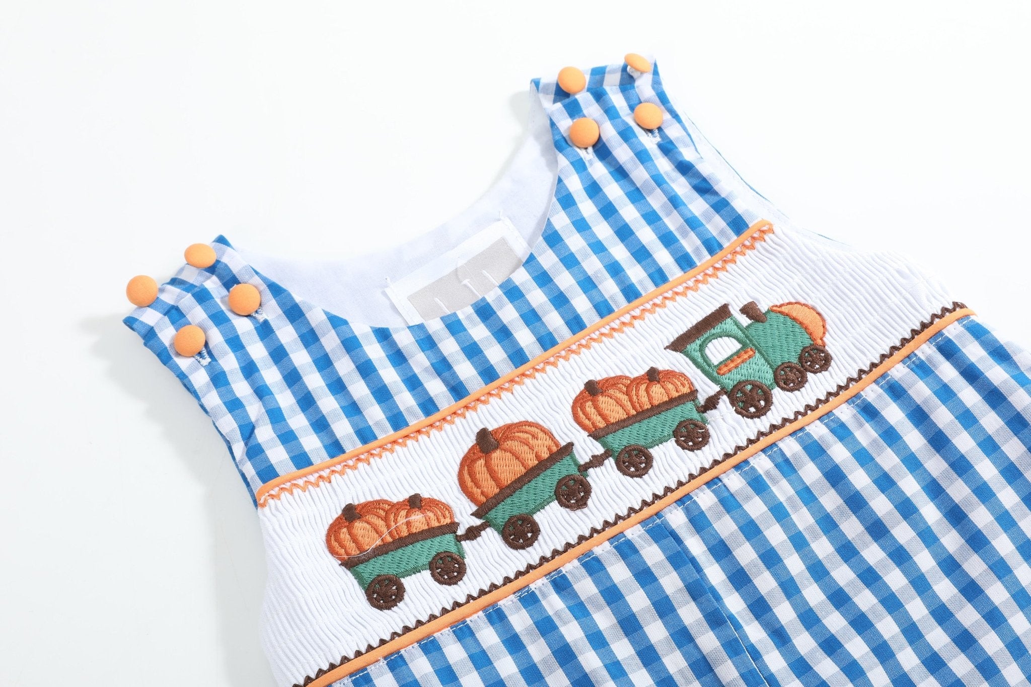 Blue Gingham Pumpkin Train Smocked Longalls