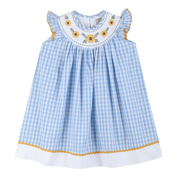 Blue Gingham Sunflower Smocked Bishop Dress