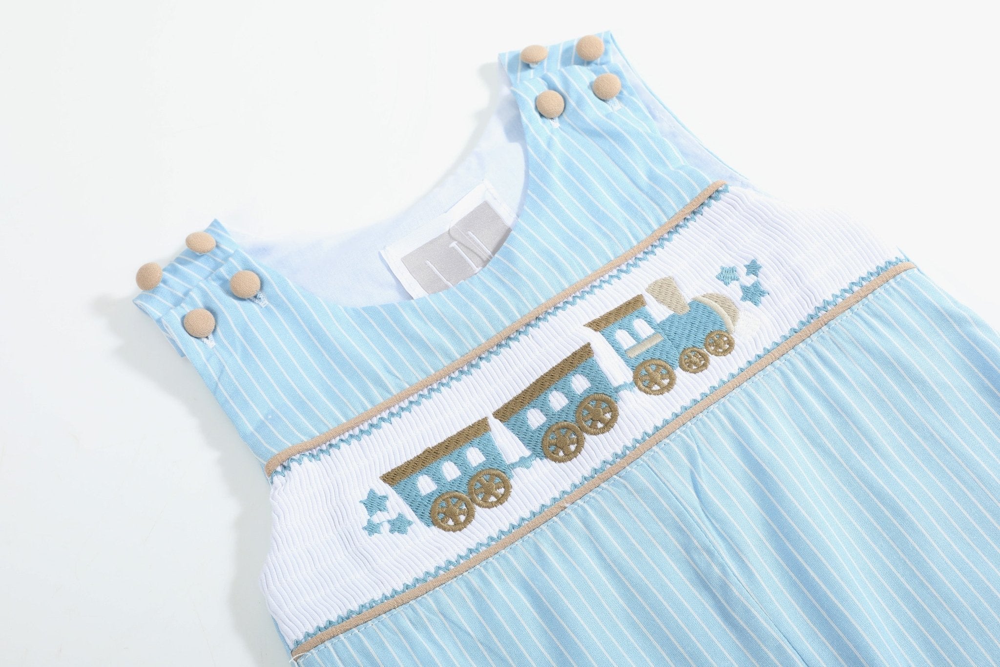 Blue Gingham Train Smocked Longalls
