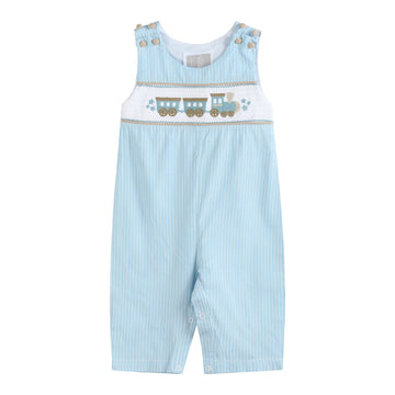 Blue Gingham Train Smocked Longalls