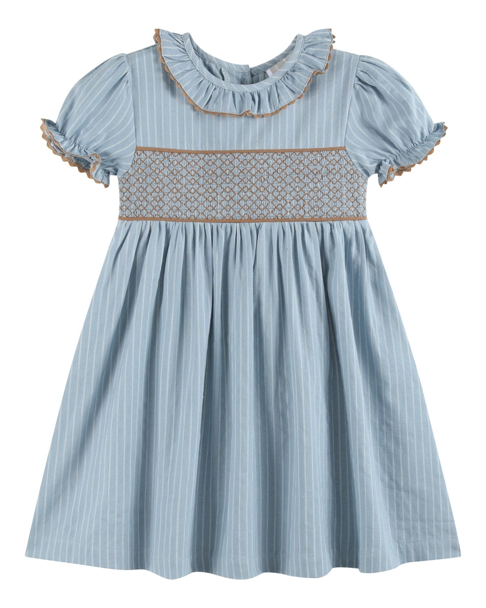 Blue Pinstripe Brown Smocked Ruffle Collar Dress