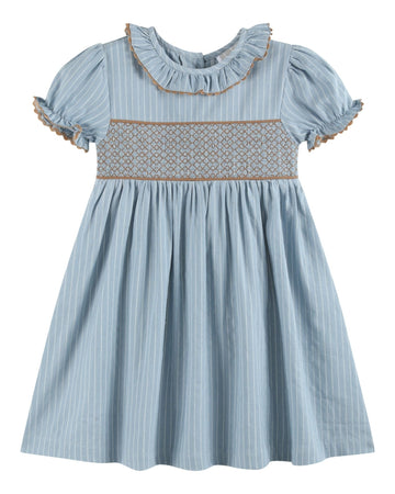 Blue Pinstripe Brown Smocked Ruffle Collar Dress