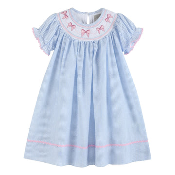 Blue Seersucker Bow Smocked Bishop Dress