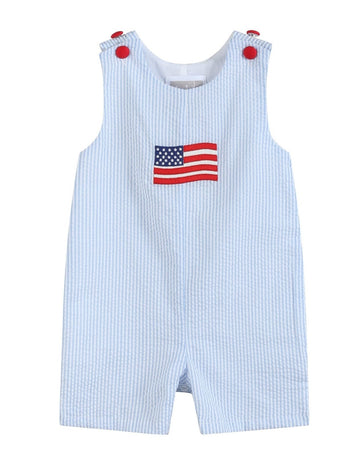 Blue Seersucker USA Flag Shortalls