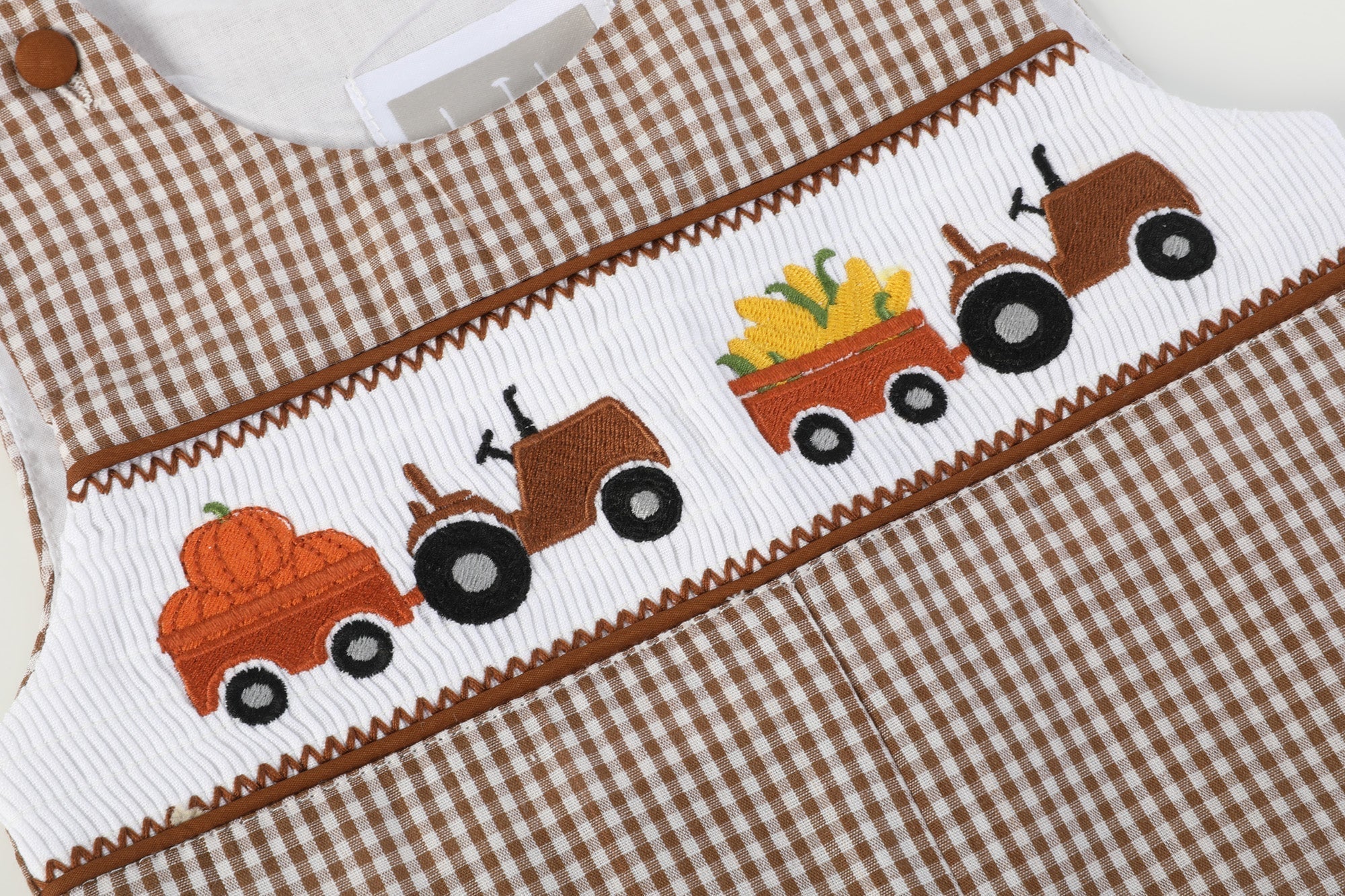 Brown Gingham Pumpkin and Corn Tractor Smocked Longalls