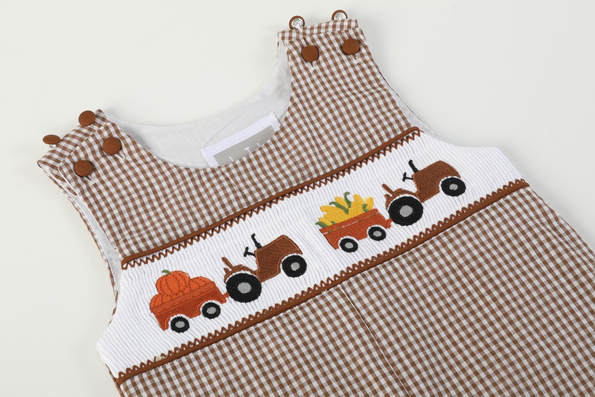 Brown Gingham Pumpkin and Corn Tractor Smocked Longalls