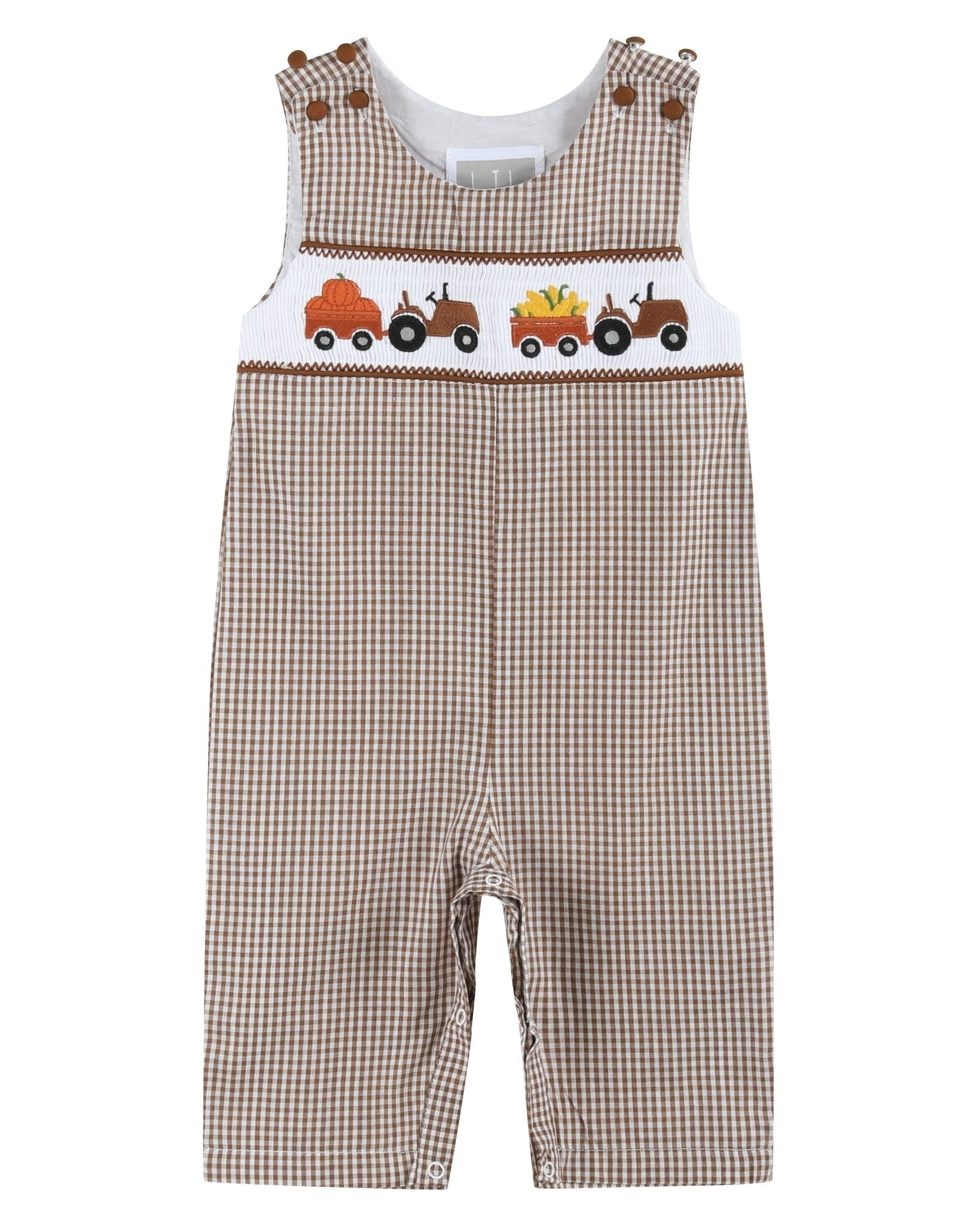 Brown Gingham Pumpkin and Corn Tractor Smocked Longalls