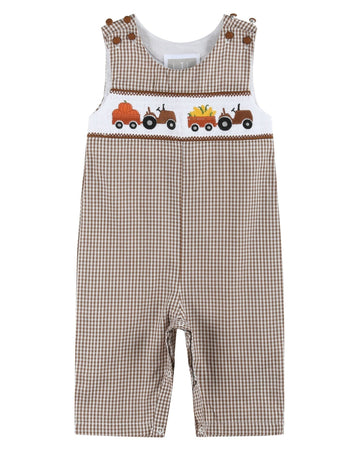 Brown Gingham Pumpkin and Corn Tractor Smocked Longalls
