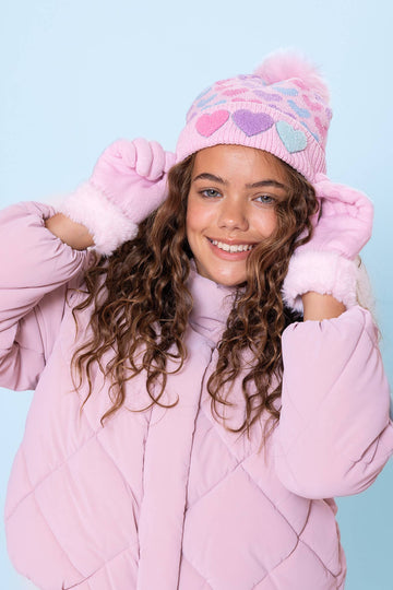 Heart Printed Chenille Hat & Glove Set