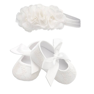 Ivory Lace Baptism Shoe And Headband Set for Baby Girls