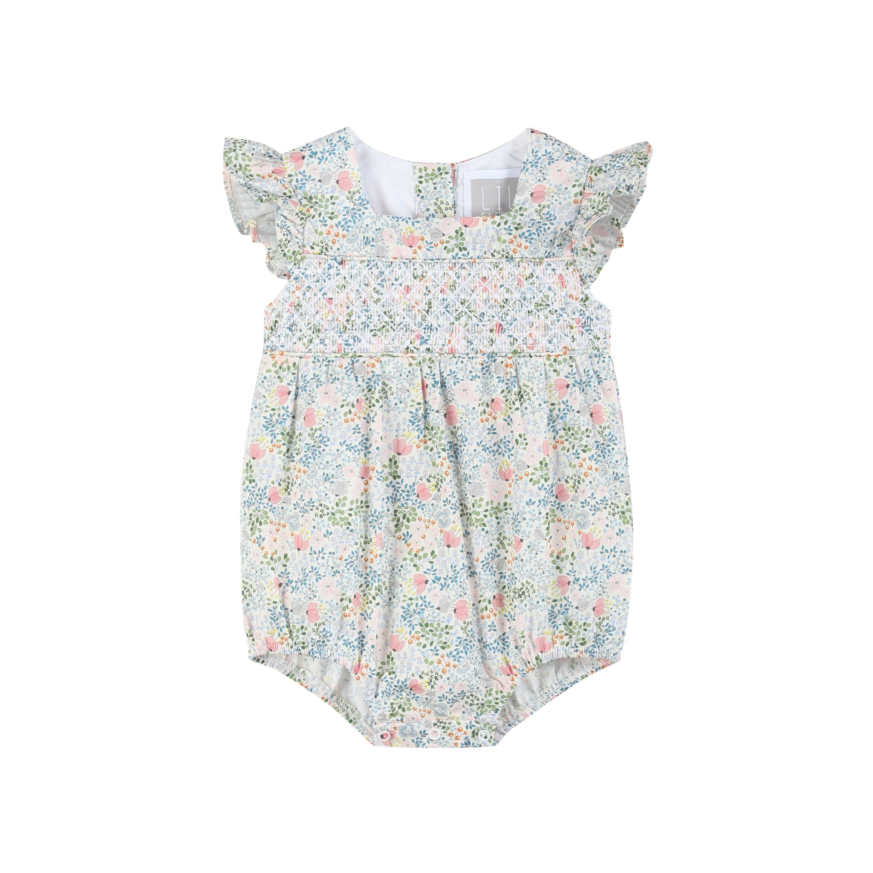 Pink Floral Print Smocked Futter Romper: 3-6M