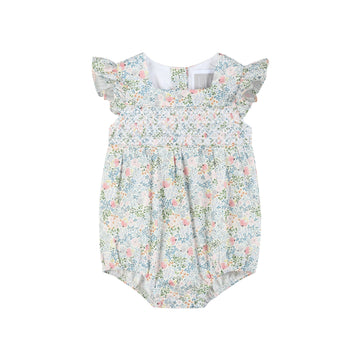 Pink Floral Print Smocked Futter Romper: 3-6M