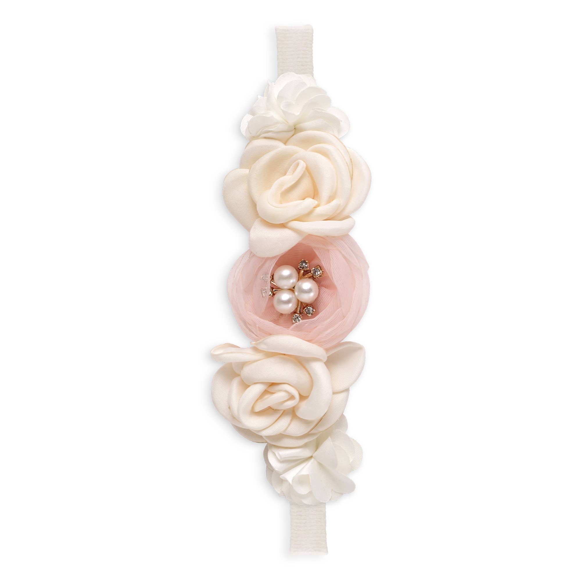 Girl's Headband with Faux Flowers  & Pearls: Ivory/Beige / 1S