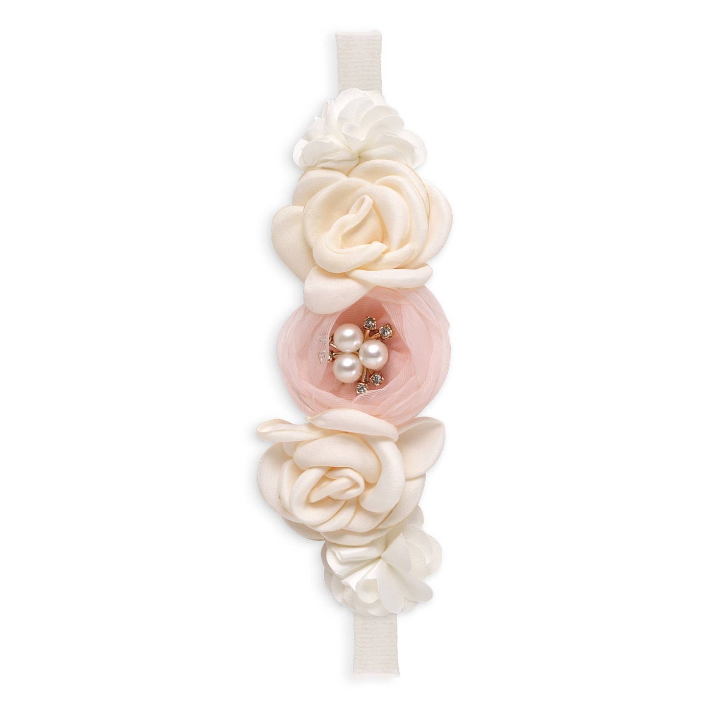 Girl's Headband with Faux Flowers  & Pearls: Ivory/Pink / 1S