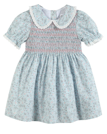 Floral Blue Dove Smocked Collared Dress