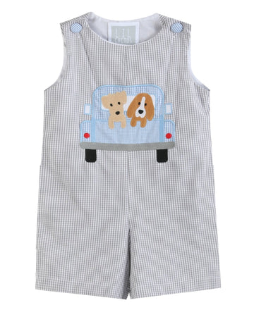 Grey Gingham Puppies in Truck Shortalls