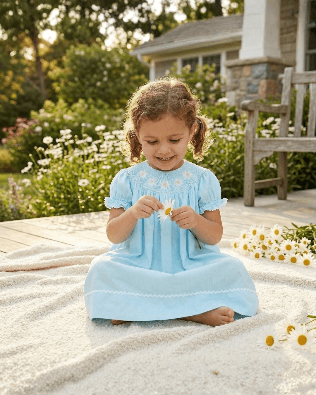 Light Blue Daisy Smocked Bishop Dress