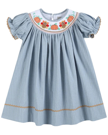 Light Blue Pinstripe Turkey Smocked Bishop Dress