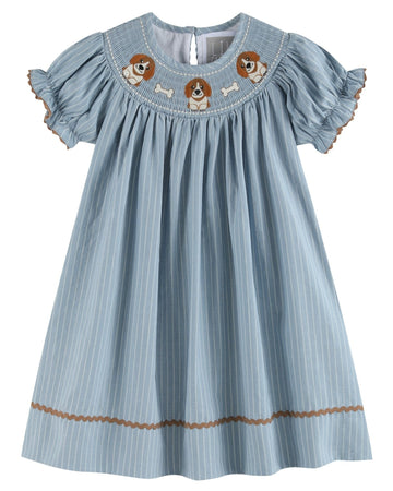 Light Blue Puppy Smocked Bishop Dress